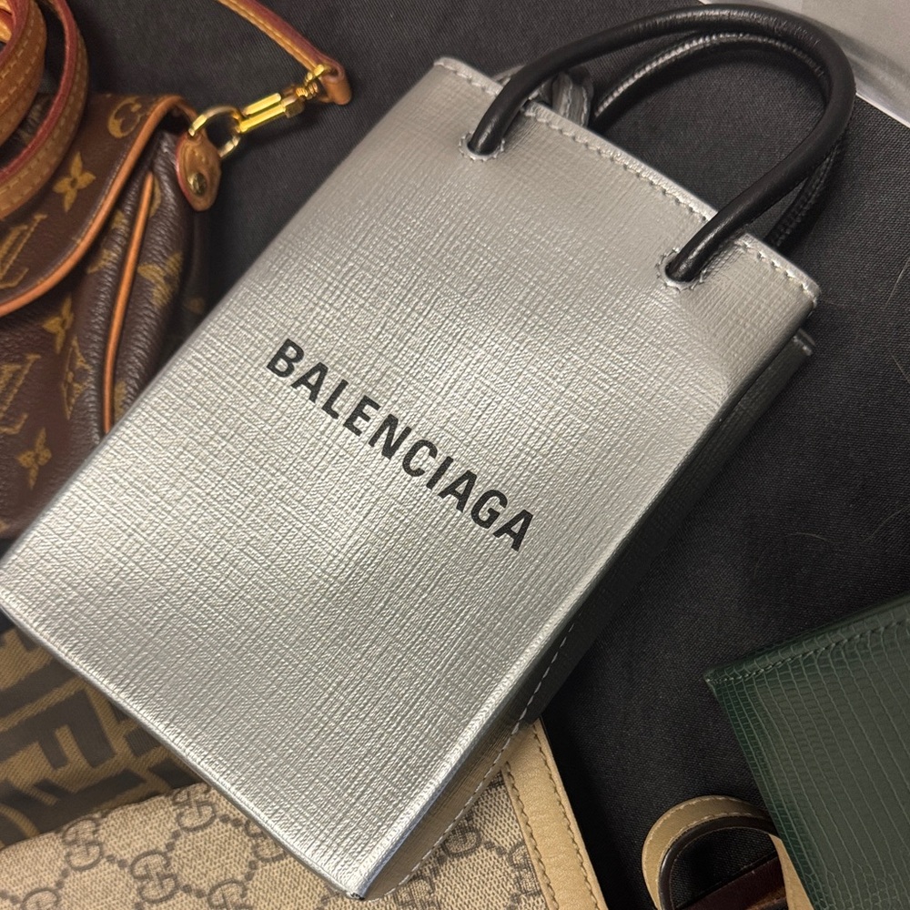Balenciaga Metallic Silver Tote with Black Handles